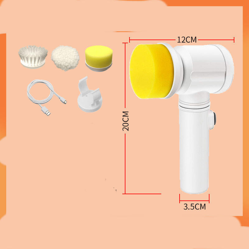 Rechargeable white electric cleaning brush with three heads, USB cable and storage hook
