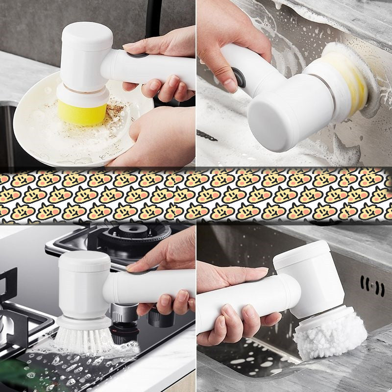 Handheld electric brush used to clean kitchen dishes and sink areas