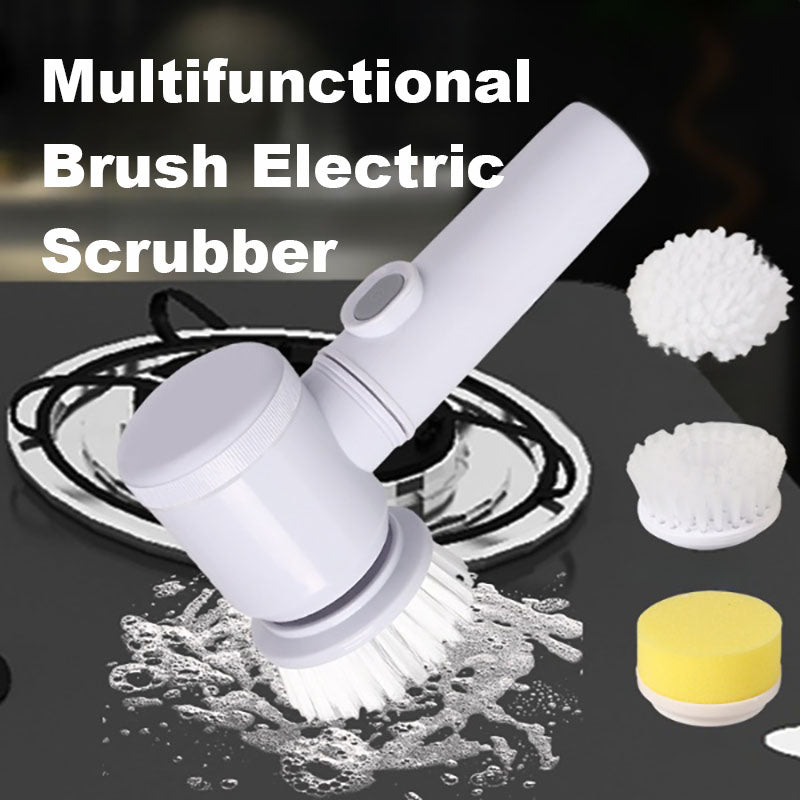 White handheld electric cleaning brush with interchangeable cleaning heads